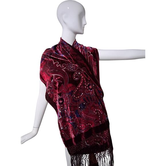 Womens Velvet Burnout Sequin Beaded Fringe Whimsical Fairycore Witchy Scarf Wrap - Picture 3 of 7